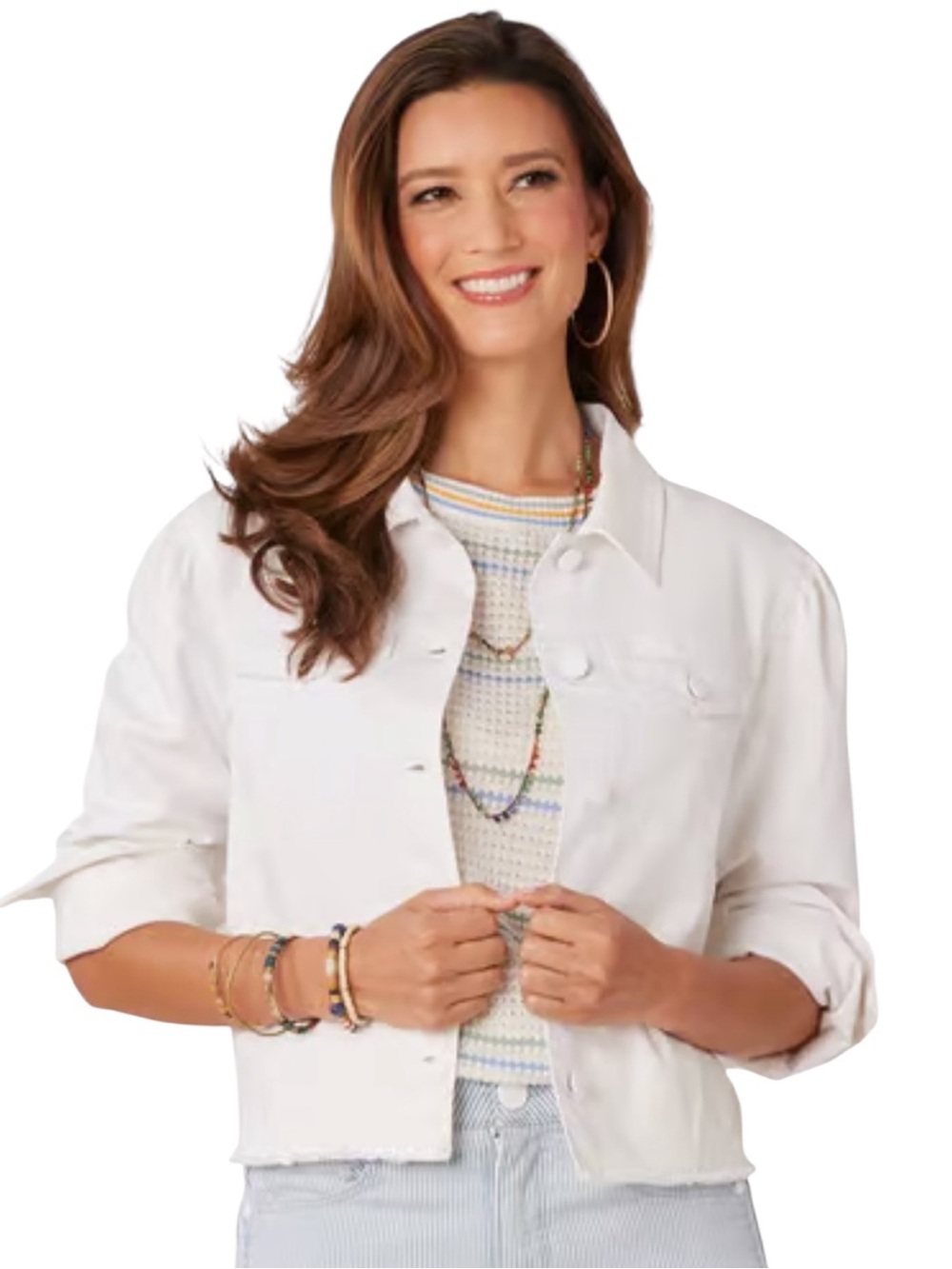 Democracy Optic White Collar Button Down Long Sleeve Cotton blend Denim Jacket - Picture 6 of 8